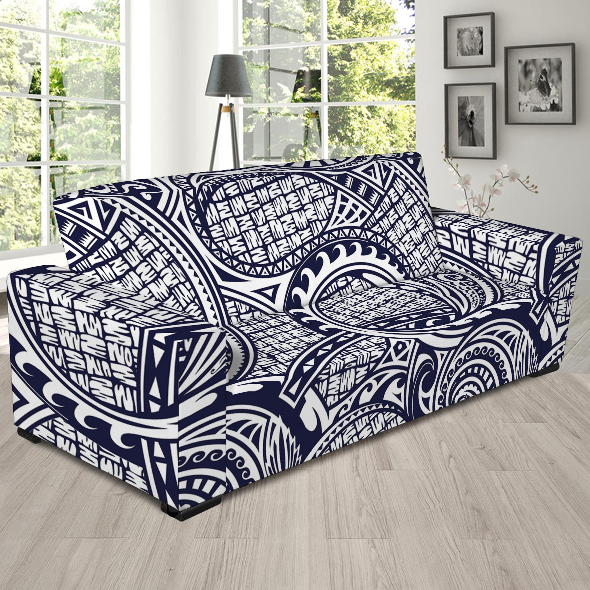 Blue Maori Polynesian Tribal Print Sofa Slipcover