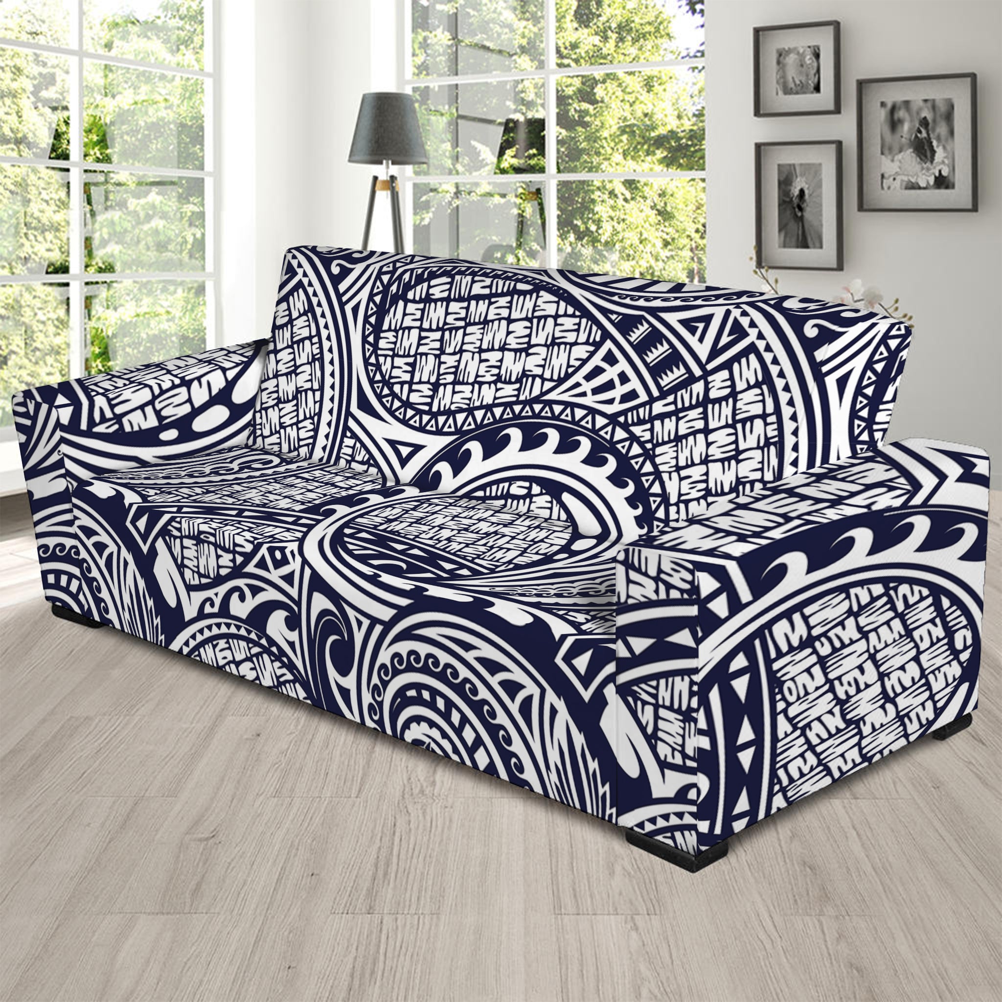 Blue Maori Polynesian Tribal Print Sofa Slipcover