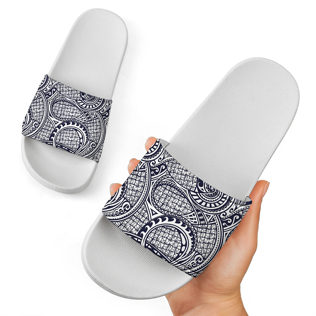 Blue Maori Polynesian Tribal Print White Slide Sandals