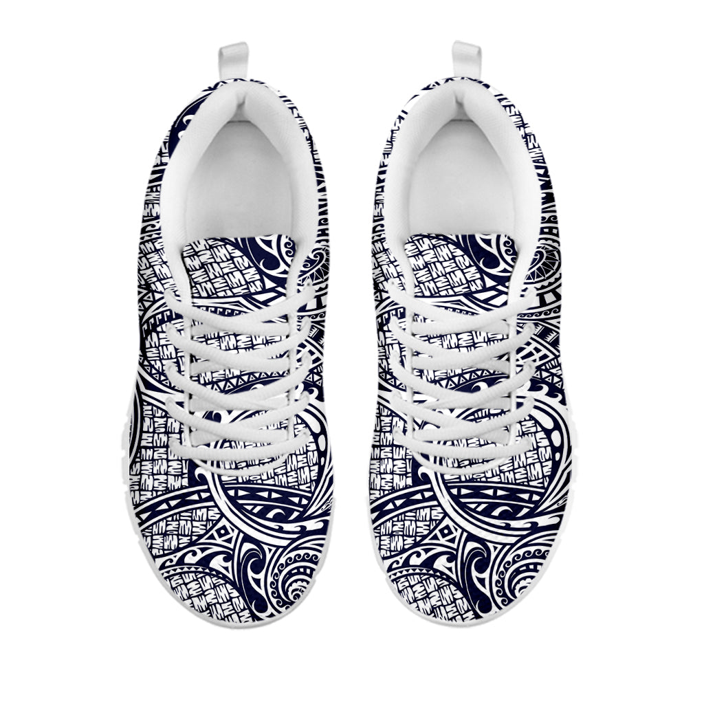 Blue Maori Polynesian Tribal Print White Sneakers