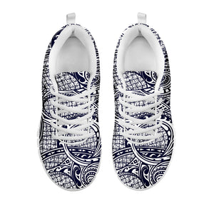 Blue Maori Polynesian Tribal Print White Sneakers