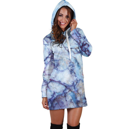 Blue Marble Print Hoodie Dress GearFrost