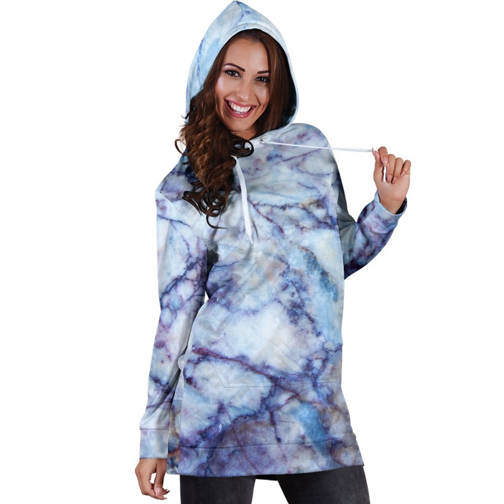 Blue Marble Print Hoodie Dress GearFrost