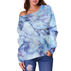 Blue Marble Print Off Shoulder Sweatshirt GearFrost