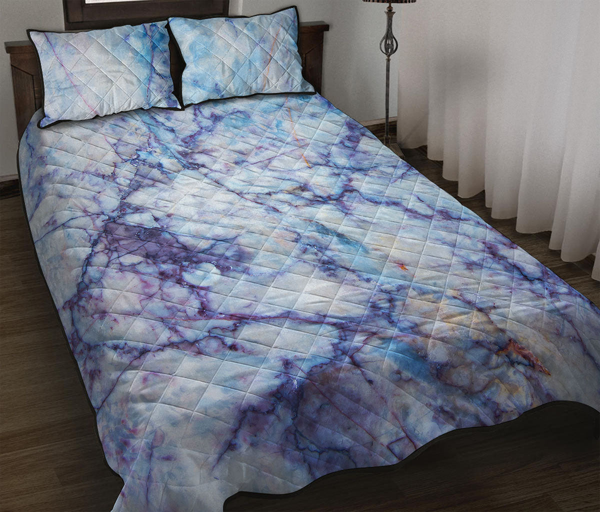 Blue Marble Print Quilt Bed Set