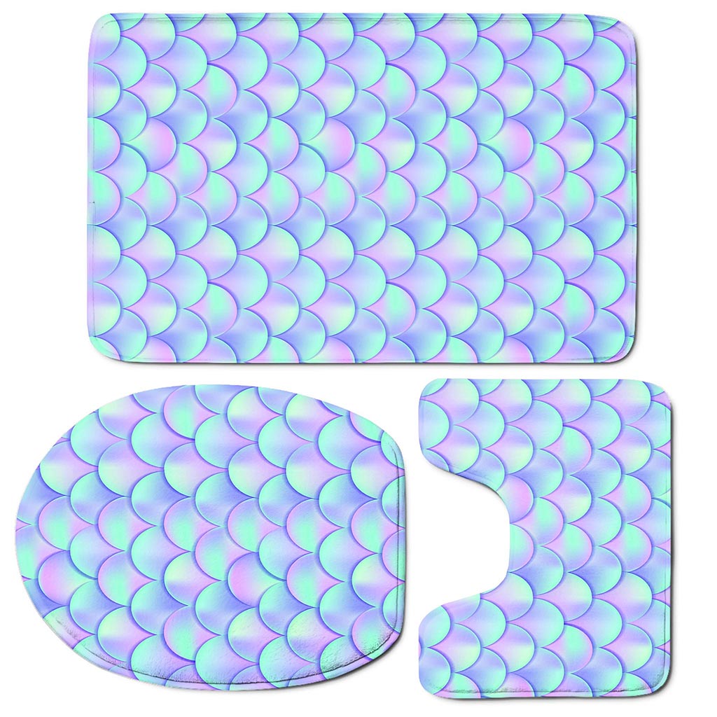 Blue Mermaid Scales Pattern Print 3 Piece Bath Mat Set
