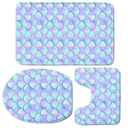 Blue Mermaid Scales Pattern Print 3 Piece Bath Mat Set