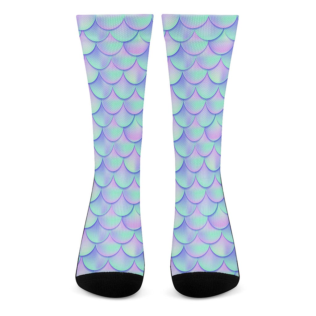 Blue Mermaid Scales Pattern Print Crew Socks