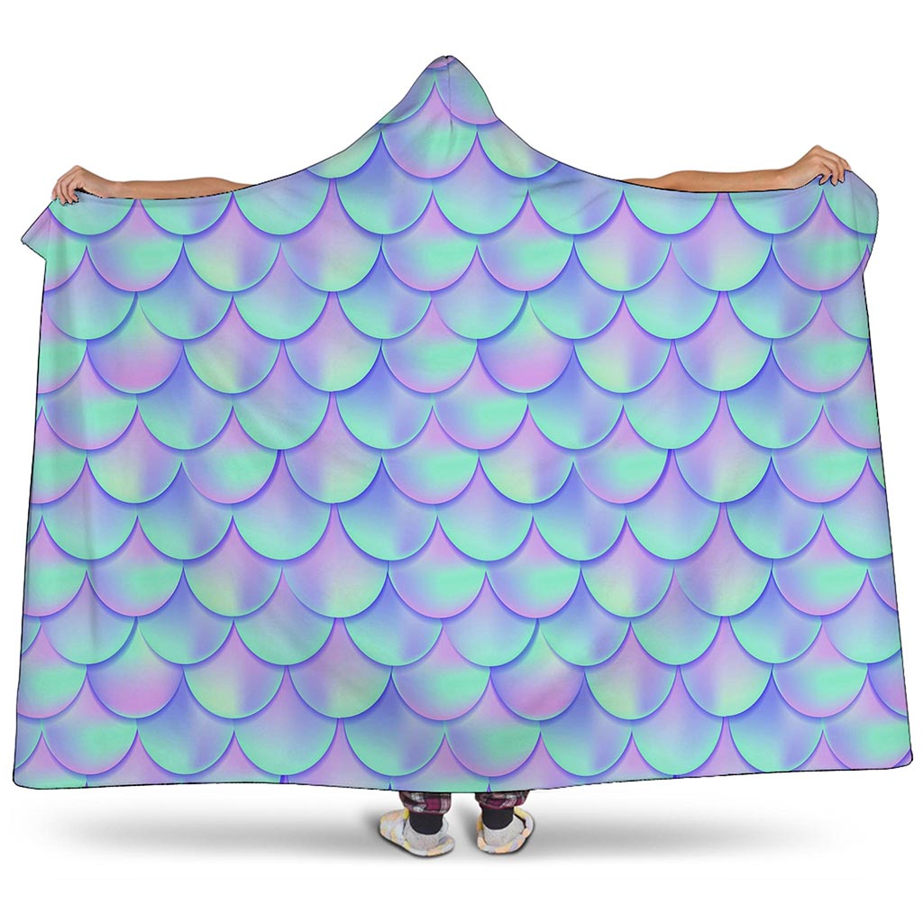 Blue Mermaid Scales Pattern Print Hooded Blanket