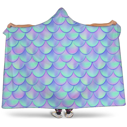 Blue Mermaid Scales Pattern Print Hooded Blanket