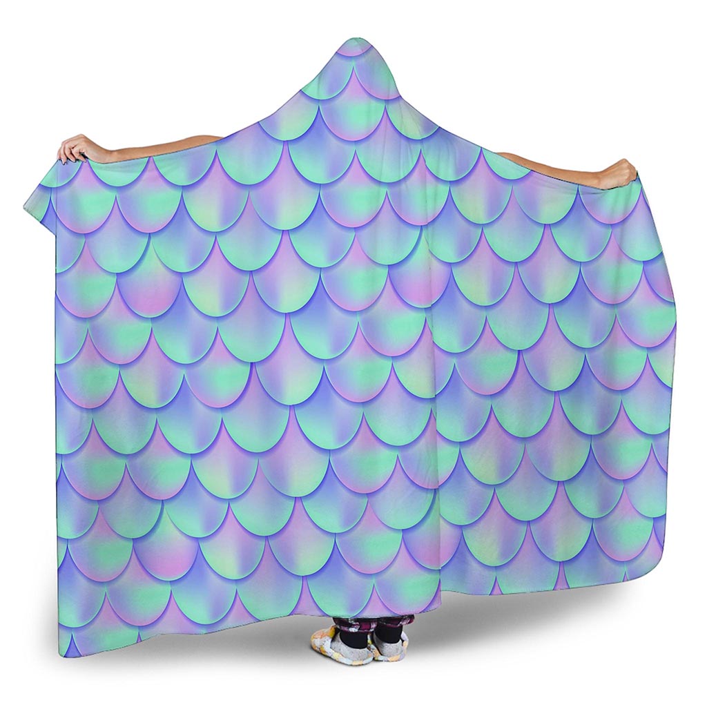 Blue Mermaid Scales Pattern Print Hooded Blanket