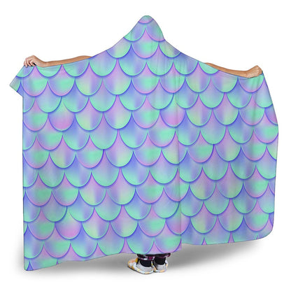 Blue Mermaid Scales Pattern Print Hooded Blanket