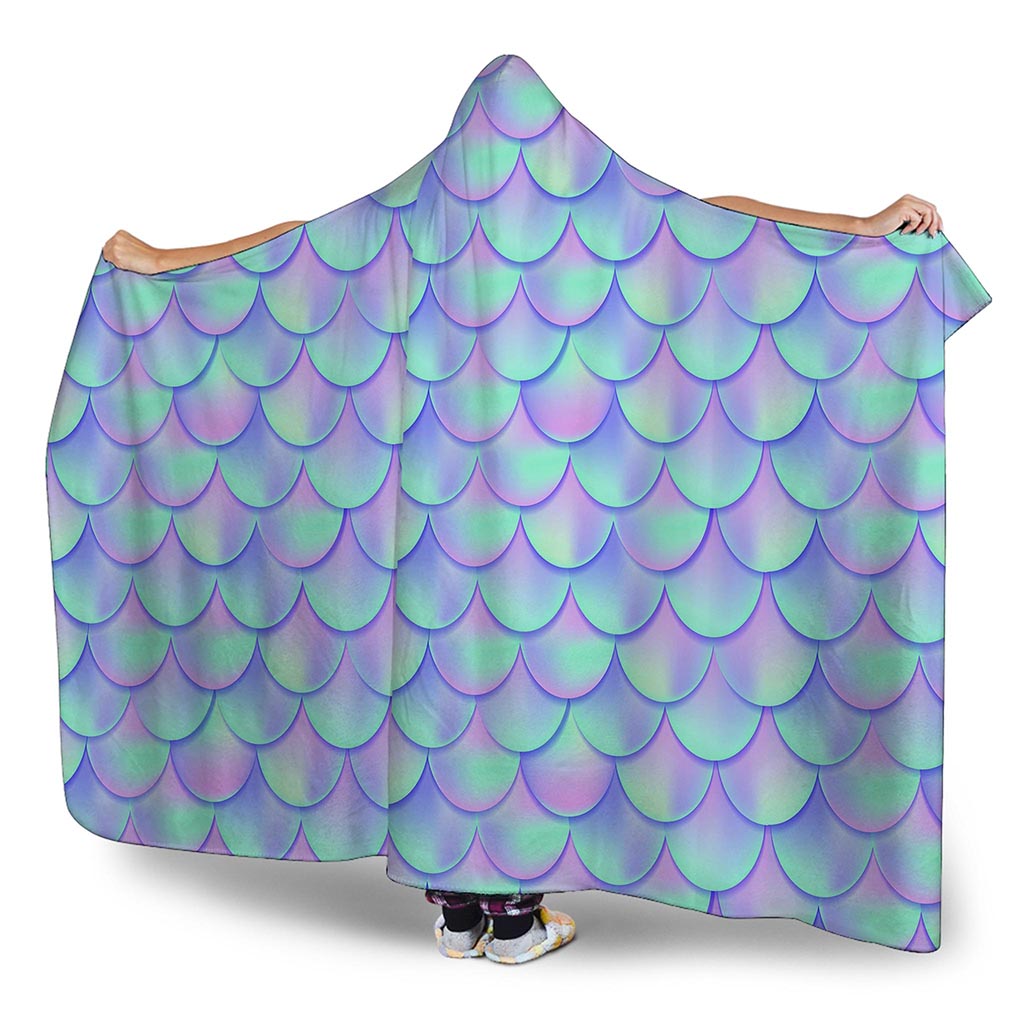 Blue Mermaid Scales Pattern Print Hooded Blanket