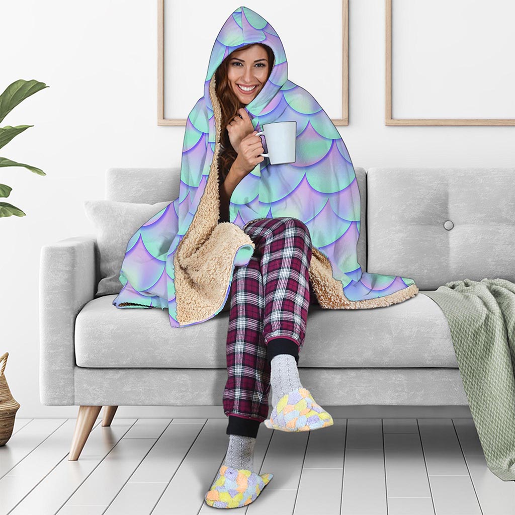 Blue Mermaid Scales Pattern Print Hooded Blanket