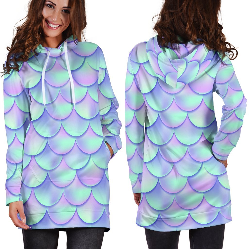 Blue Mermaid Scales Pattern Print Hoodie Dress GearFrost