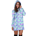 Blue Mermaid Scales Pattern Print Hoodie Dress GearFrost