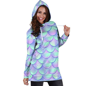 Blue Mermaid Scales Pattern Print Hoodie Dress GearFrost