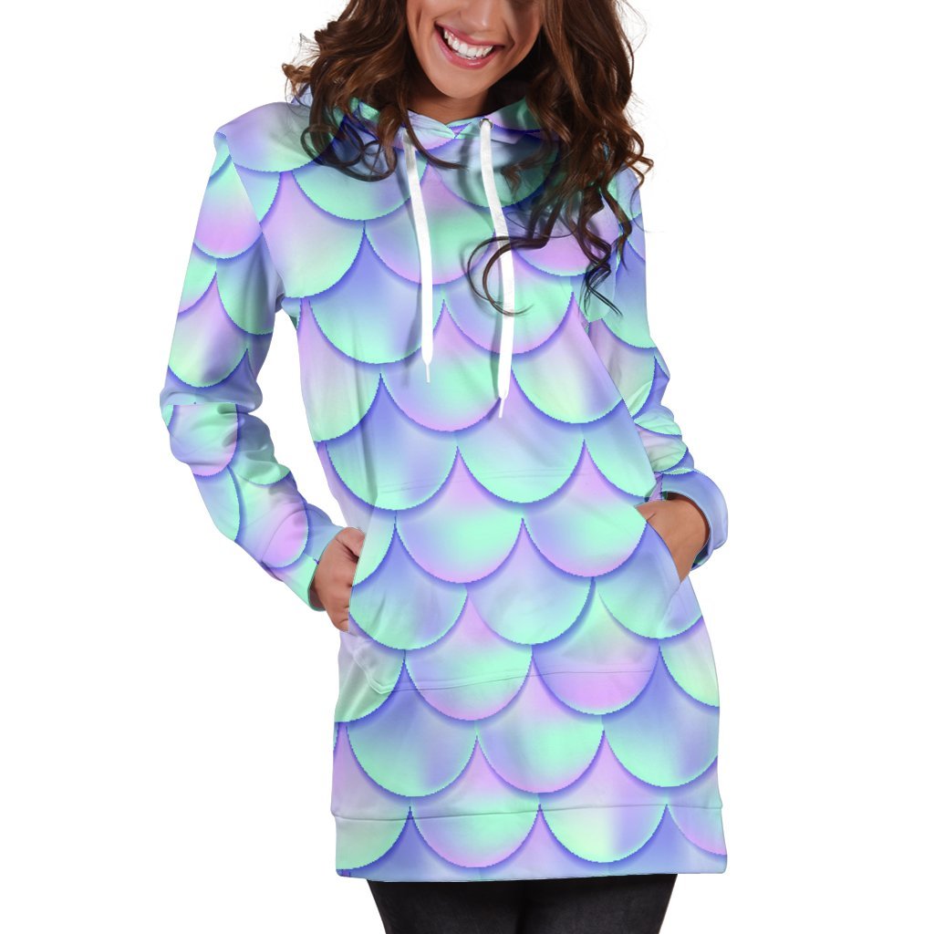 Blue Mermaid Scales Pattern Print Hoodie Dress GearFrost