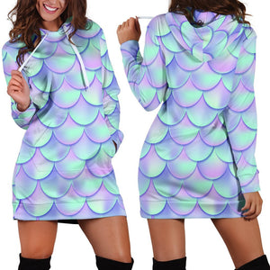 Blue Mermaid Scales Pattern Print Hoodie Dress GearFrost