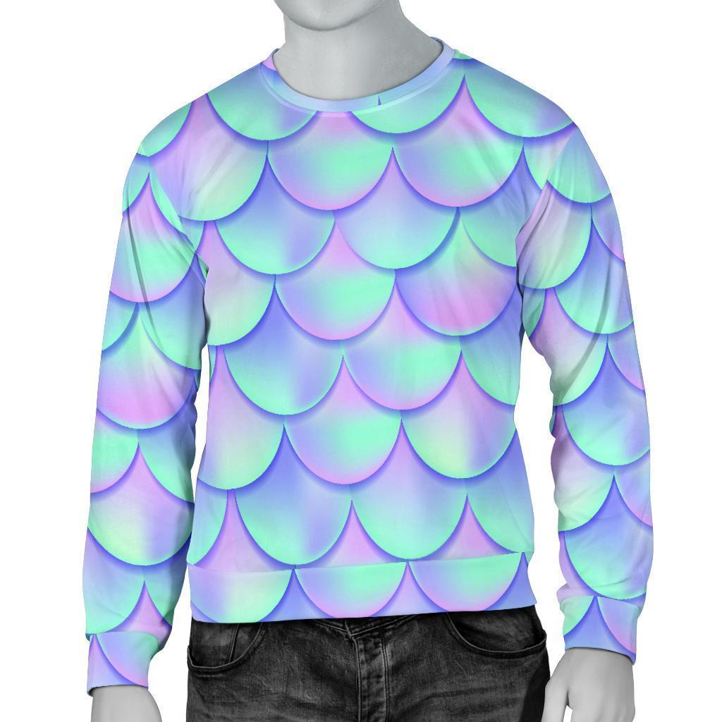 Blue Mermaid Scales Pattern Print Men's Crewneck Sweatshirt GearFrost