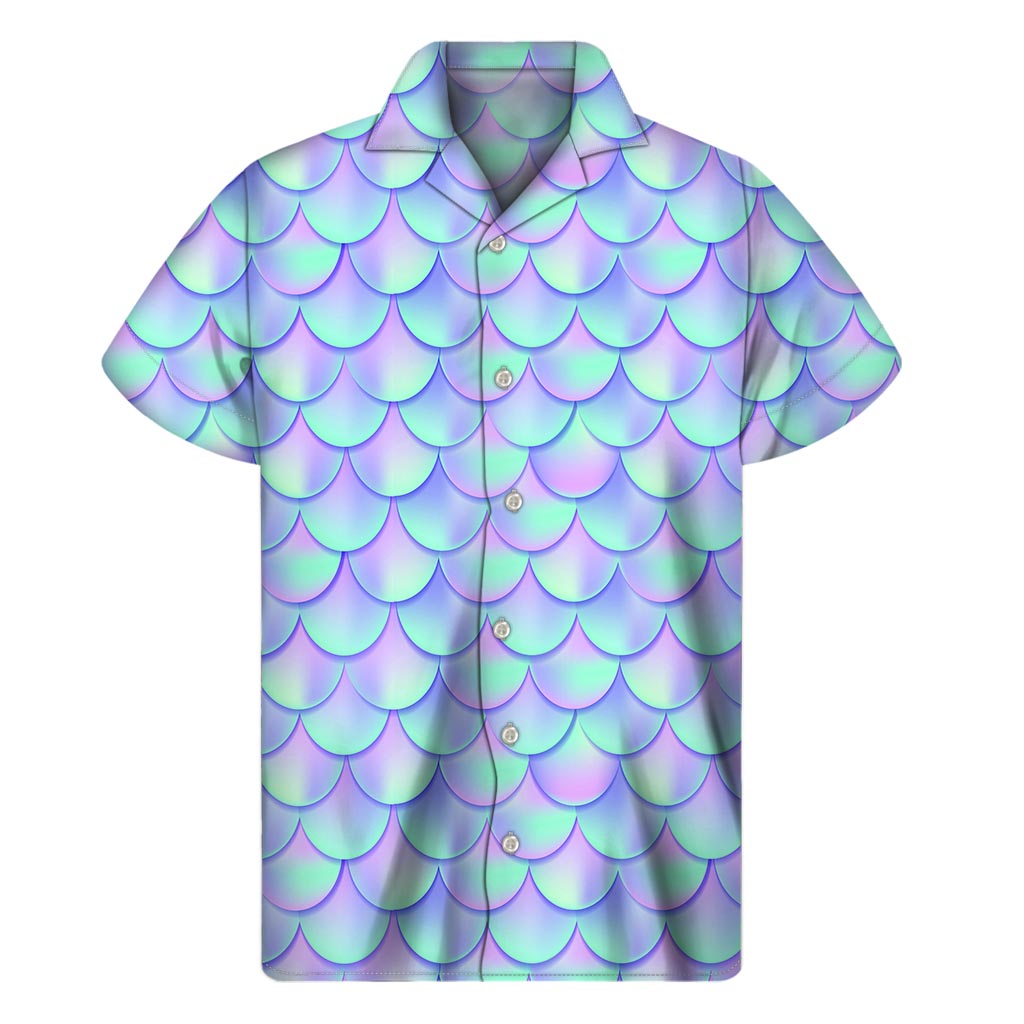 Blue Mermaid Scales Pattern Print Men's Short Sleeve Shirt