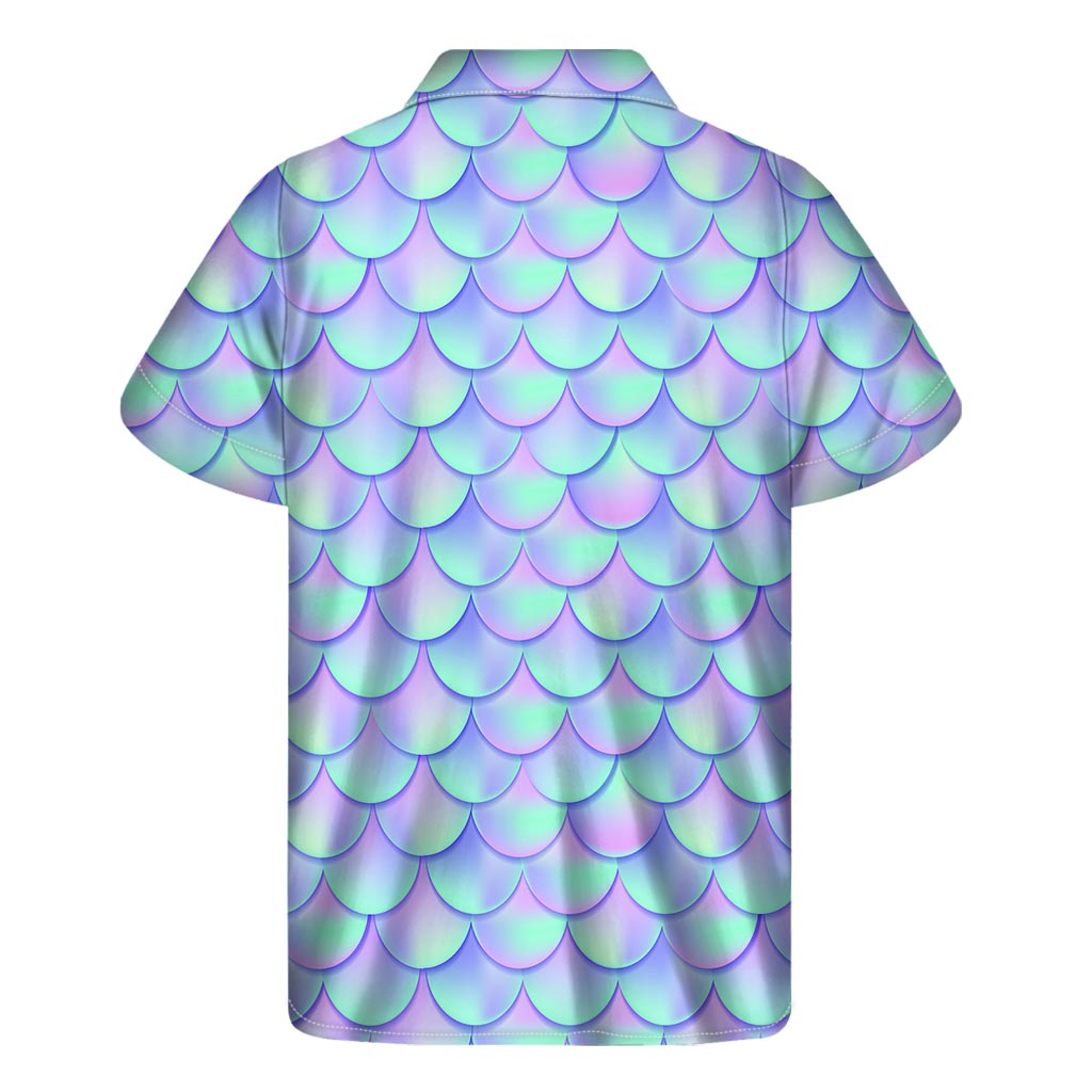 Blue Mermaid Scales Pattern Print Men's Short Sleeve Shirt