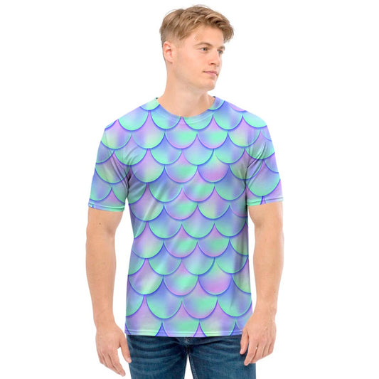 Blue Mermaid Scales Pattern Print Men's T-Shirt