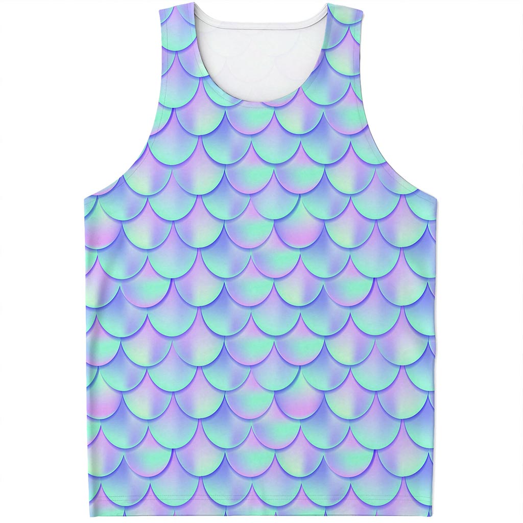 Blue Mermaid Scales Pattern Print Men's Tank Top