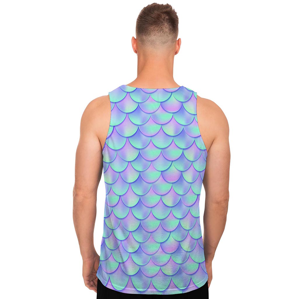 Blue Mermaid Scales Pattern Print Men's Tank Top