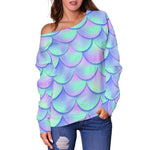 Blue Mermaid Scales Pattern Print Off Shoulder Sweatshirt GearFrost