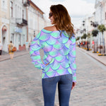 Blue Mermaid Scales Pattern Print Off Shoulder Sweatshirt GearFrost