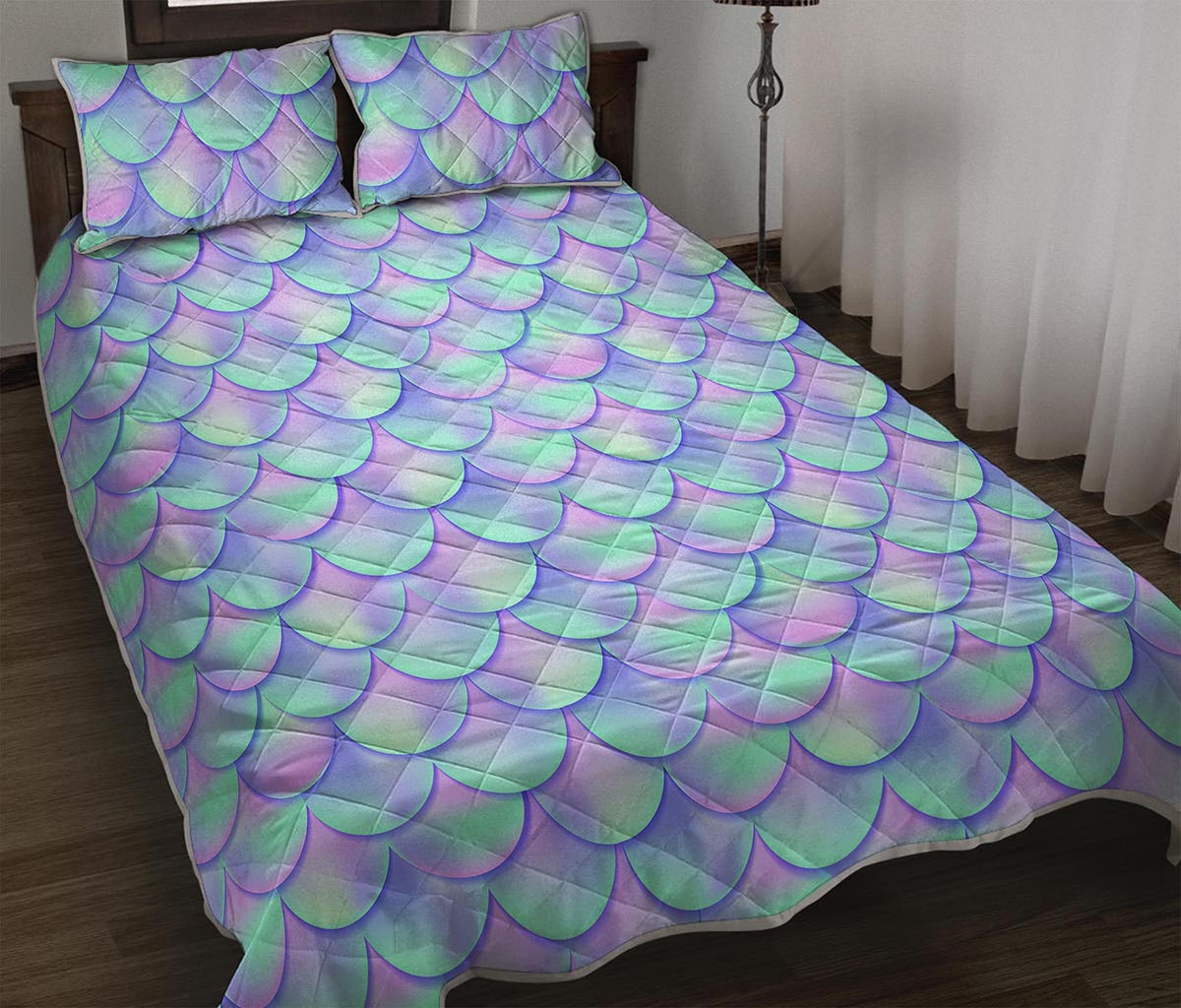 Blue Mermaid Scales Pattern Print Quilt Bed Set