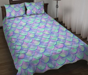 Blue Mermaid Scales Pattern Print Quilt Bed Set