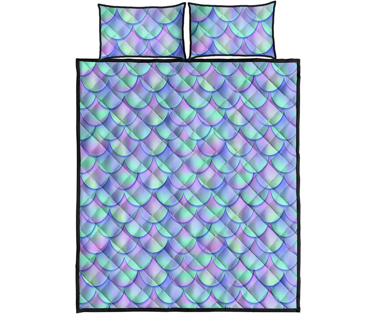 Blue Mermaid Scales Pattern Print Quilt Bed Set