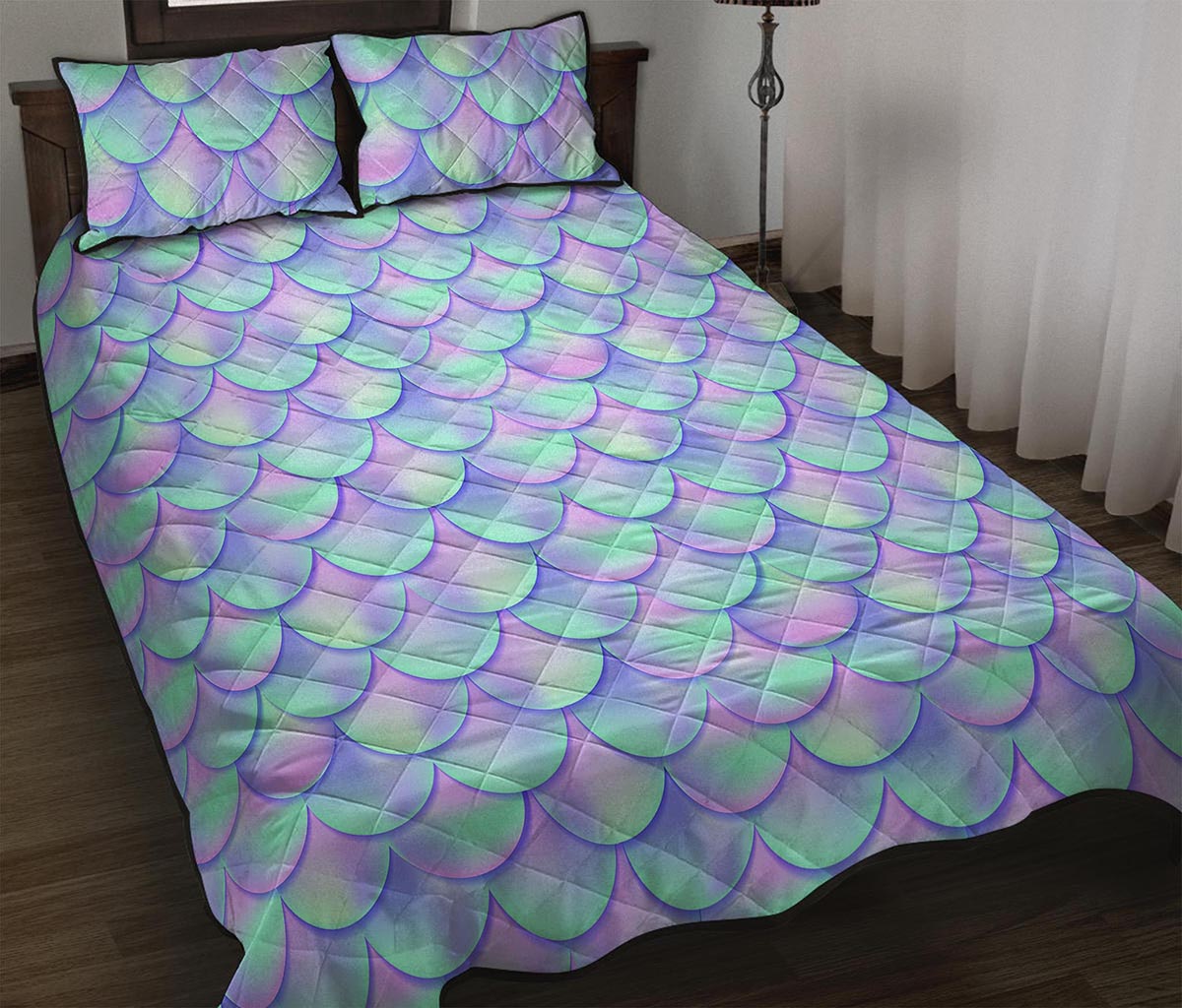 Blue Mermaid Scales Pattern Print Quilt Bed Set