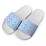 Blue Mermaid Scales Pattern Print White Slide Sandals