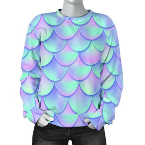 Blue Mermaid Scales Pattern Print Women's Crewneck Sweatshirt GearFrost