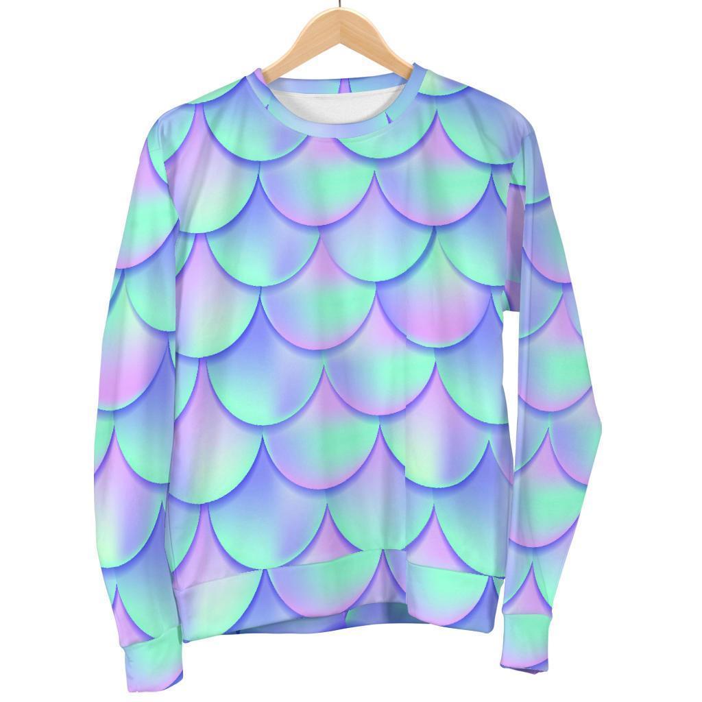 Blue Mermaid Scales Pattern Print Women's Crewneck Sweatshirt GearFrost