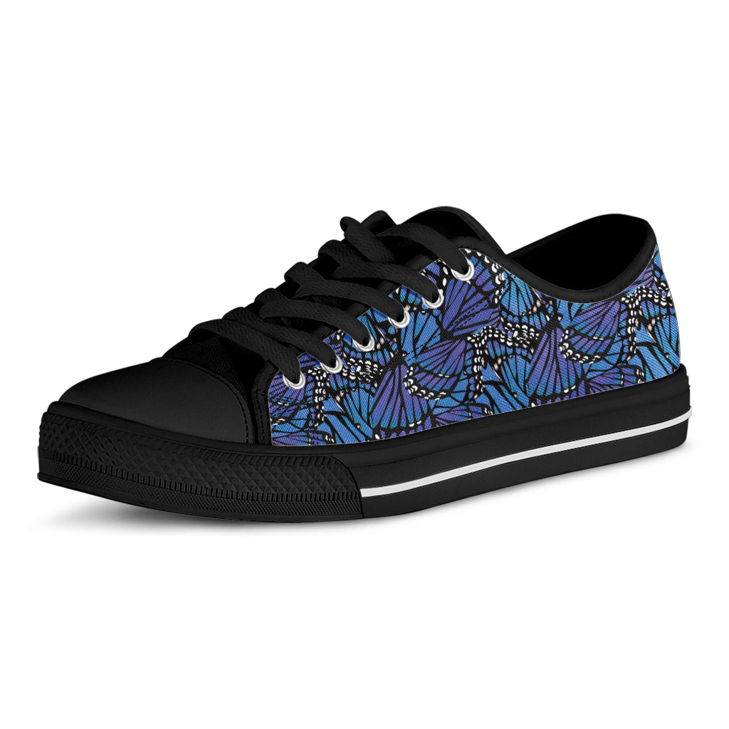 Blue Monarch Butterfly Wings Print Black Low Top Shoes