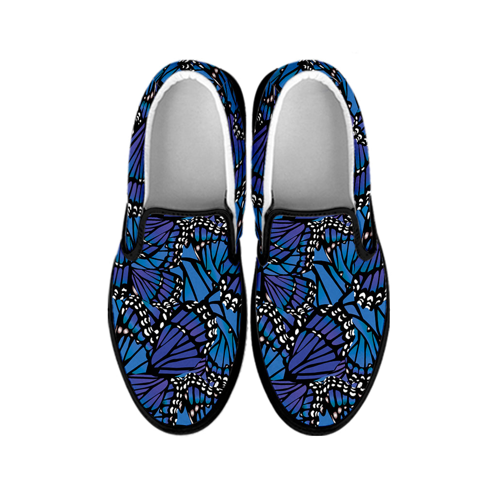 Blue Monarch Butterfly Wings Print Black Slip On Shoes