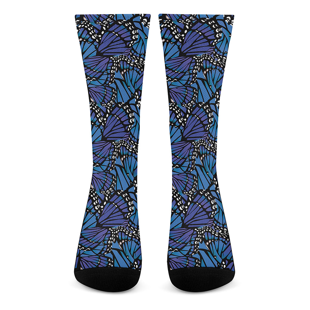 Blue Monarch Butterfly Wings Print Crew Socks