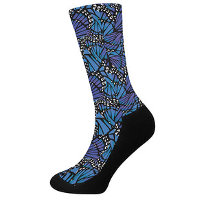 Blue Monarch Butterfly Wings Print Crew Socks