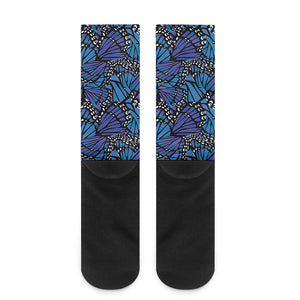 Blue Monarch Butterfly Wings Print Crew Socks