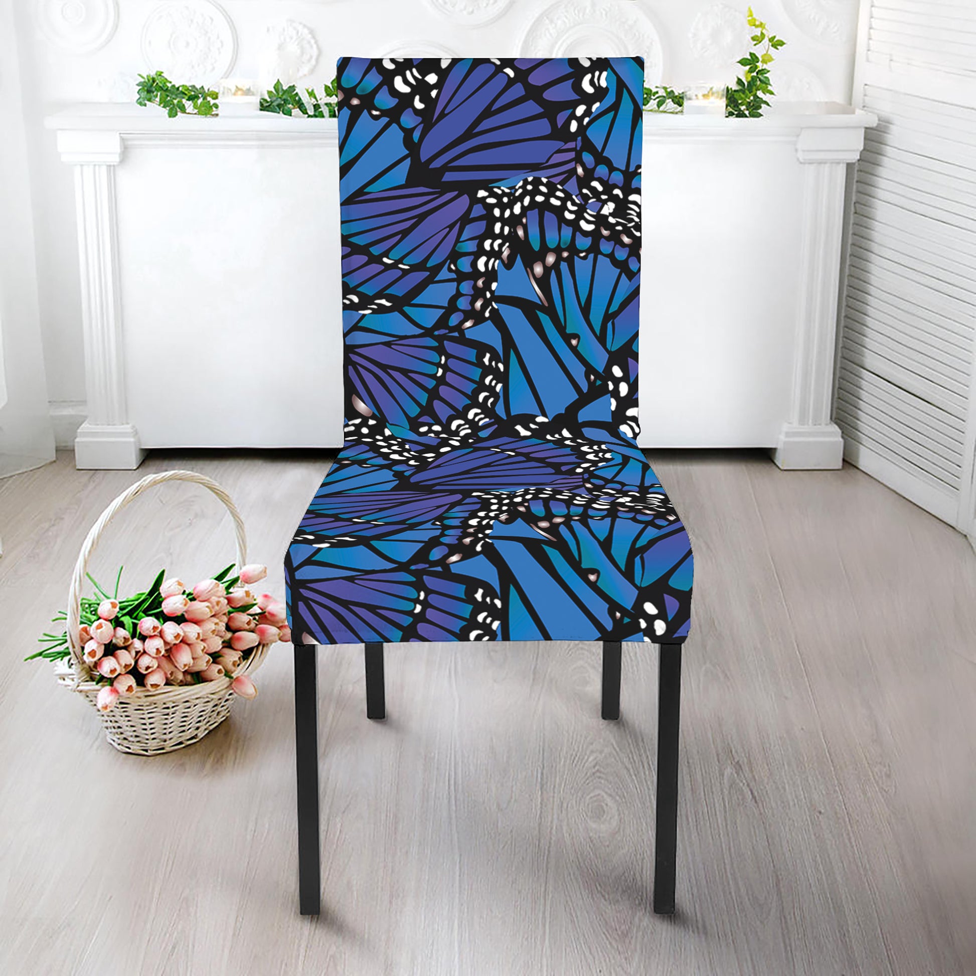 Blue Monarch Butterfly Wings Print Dining Chair Slipcover