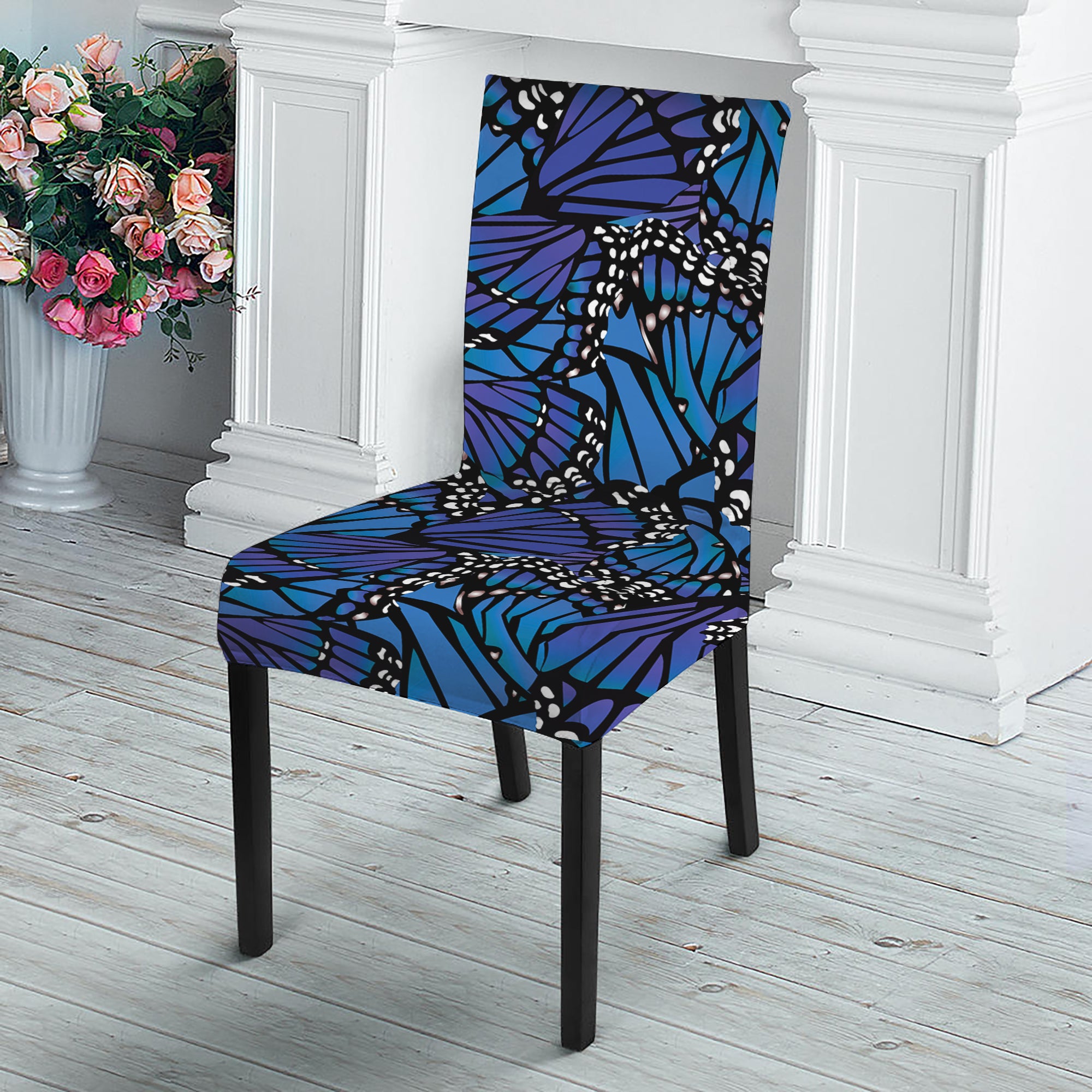 Blue Monarch Butterfly Wings Print Dining Chair Slipcover