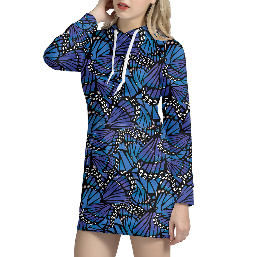 Blue Monarch Butterfly Wings Print Hoodie Dress