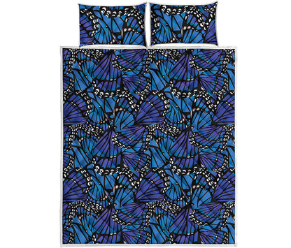 Blue Monarch Butterfly Wings Print Quilt Bed Set