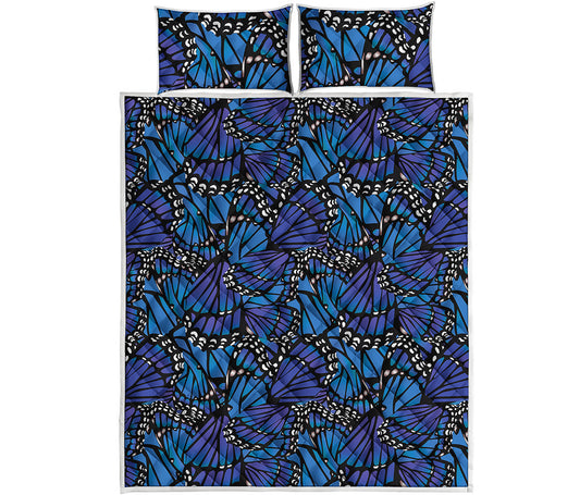 Blue Monarch Butterfly Wings Print Quilt Bed Set