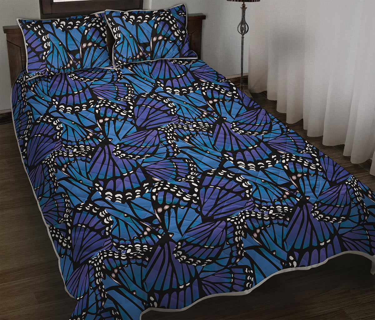 Blue Monarch Butterfly Wings Print Quilt Bed Set