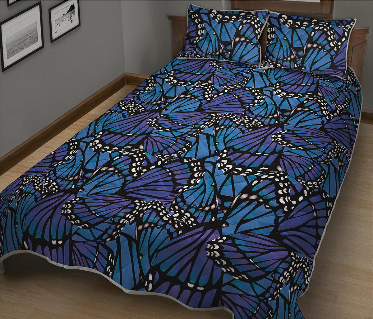 Blue Monarch Butterfly Wings Print Quilt Bed Set